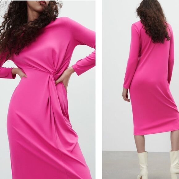 Zara midi pink dress with front tie - Picture 1 of 6